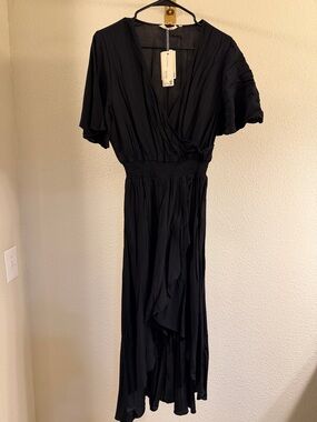 Black Midi Wrap Dress with Smocked Waist - NWT
